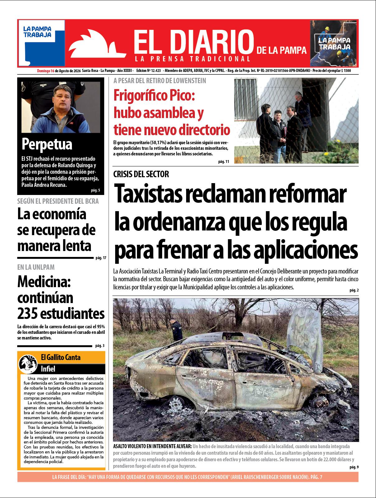 Tapa de El Diario en papel  domingo 16 de agosto de 2026